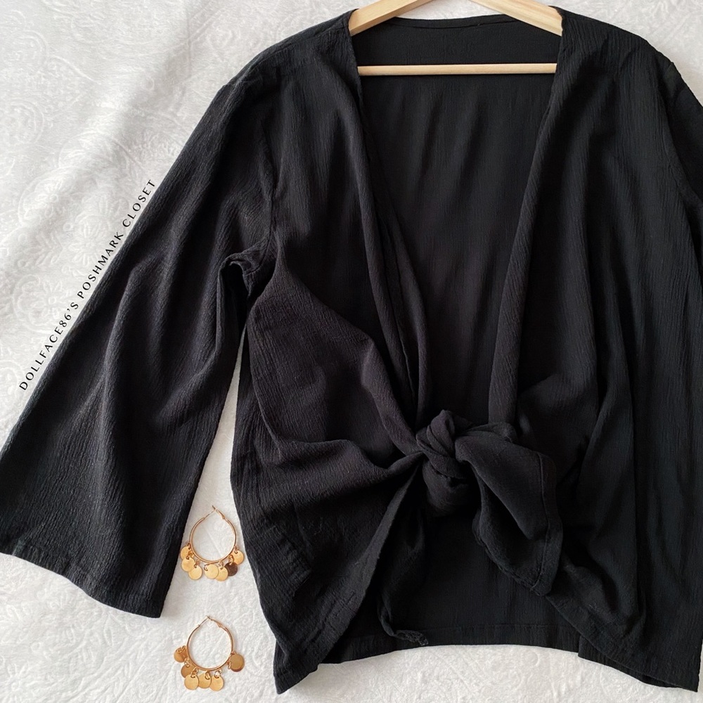 Black Flared Sleeve Tied Waist Top